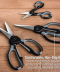 Heavy Duty Scissors Set Of 3 Commercial Grade Stainless Steel Shears spread on table, highlighting comfortable grips for ease of use