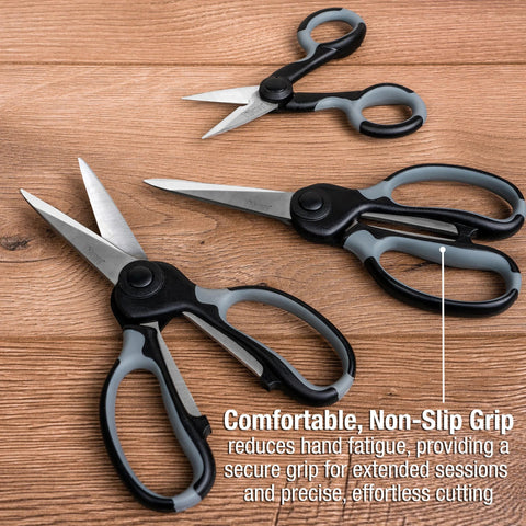 Heavy Duty Scissors Set Of 3 Commercial Grade Stainless Steel Shears spread on table, highlighting comfortable grips for ease of use