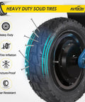 10x2.75-6.5 Scooter Tire Off Road with heavy-duty design, puncture-proof, wear-resistant features shown in close-up on electric scooter wheel.