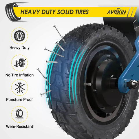10x2.75-6.5 Scooter Tire Off Road with heavy-duty design, puncture-proof, wear-resistant features shown in close-up on electric scooter wheel.