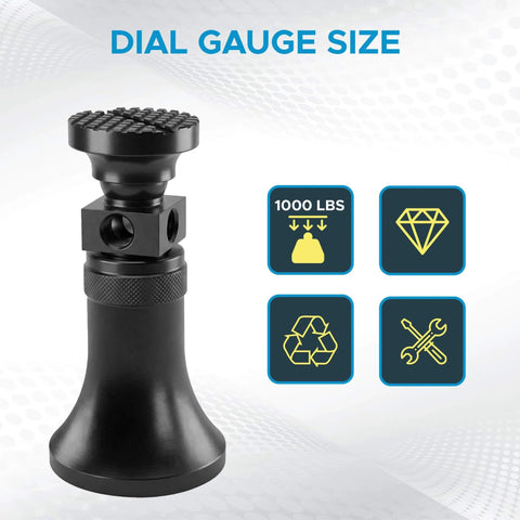 Heavy Duty Screw Jack Set For Leveling Milling And Drilling Machines With A 2.25 To 3.72 Inch Range And A 1.25 Inch Base Diameter 1000 Lbs Capacity Includes Interchangeable Bases Extensions And Carrying Case, dial gauge size view.