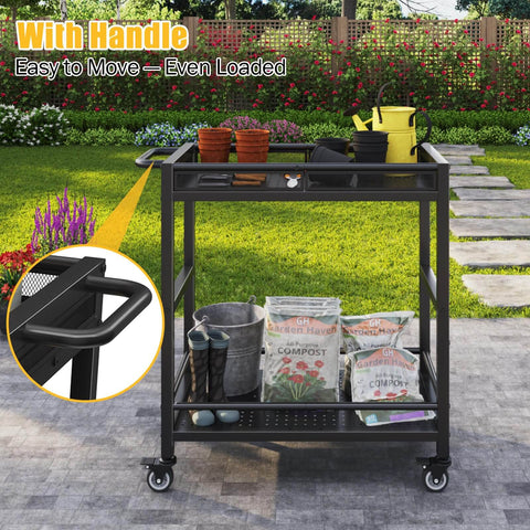Heavy Duty Service Cart On Wheels With 2-Tier Metal Rolling Utility Cart Fences For Garage Garden Warehouse Tool House