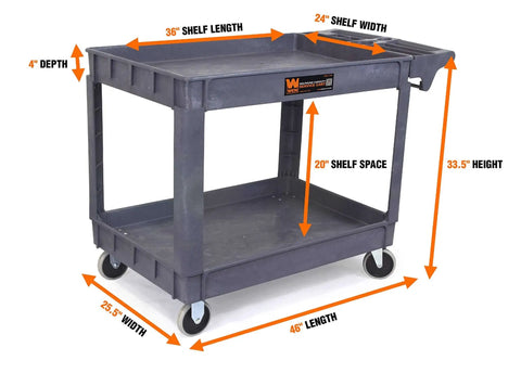 Heavy Duty Service Cart For Garage And Shop With 500 Pound Capacity Extra Wide 46 By 25.5 Inch Two Shelf Utility Cart 5 Inch Non Marring Casters