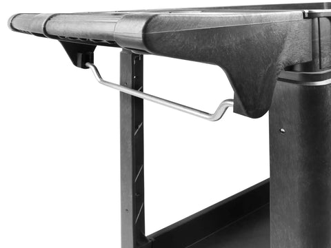Side view of Heavy Duty 2 Shelf Service Cart MaxWorks 80855 With 500 Lb Capacity Polypropylene Utility Cart tool storage and rod.