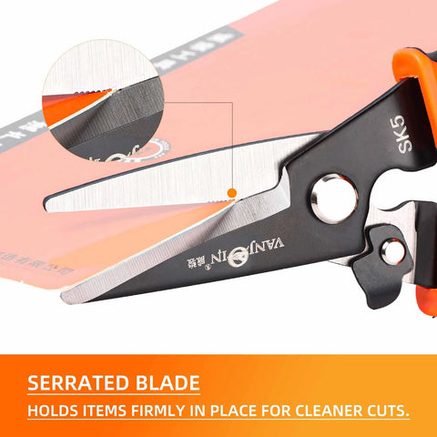 Close-up of Heavy Duty 9 Inch Multipurpose Scissors With Serrated Edge For Carpet Cardboard Fabric Copper Wire And Tree Branches