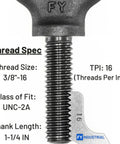 Thread specification for Box Of Ten Heavy Duty Lifting Shoulder Eye Bolts 3/8-16 By 1-1/4 Inch Industrial Grade Forged Quenched Steel.