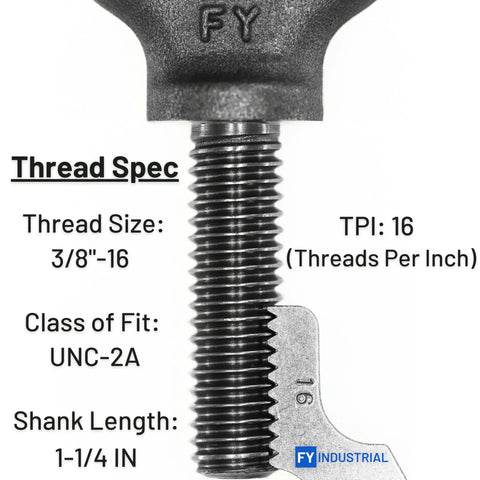 Thread specification for Box Of Ten Heavy Duty Lifting Shoulder Eye Bolts 3/8-16 By 1-1/4 Inch Industrial Grade Forged Quenched Steel.