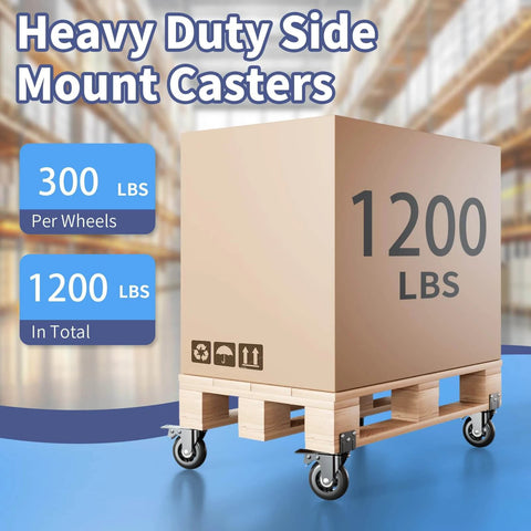 Heavy duty side mount caster wheels supporting 1200 lbs load on a pallet, featuring black swivel casters for furniture and carts.