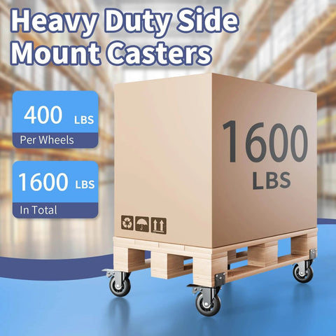 4 Inch Side Mount Plate Caster Wheels L Shaped Heavy Duty Set of 4 with Brake, 1600 Lbs Capacity displayed on pallet