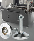 Heavy Duty Machine Leveling Feet With 3.15 Inch Base And M16 Thread For 3300 Lb Capacity Adjustable Levelers For Workbenches Machines And Cabinets With Striped Anti Skid Groove Base 2 Pack Silvery By WUEIBUZUDAO, displayed with industrial machine in background.