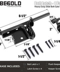 Built To Last Heavy Duty Slide Bolt Gate Latch With Padlock Hole 1 Pack, black steel latch and screws, dimensions labeled.