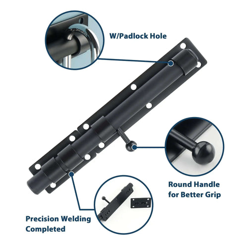 10 Inch Heavy Duty Slide Bolt Latch With SUS304 Stainless Steel Barrel Lock And Matte Black Finish shown with features