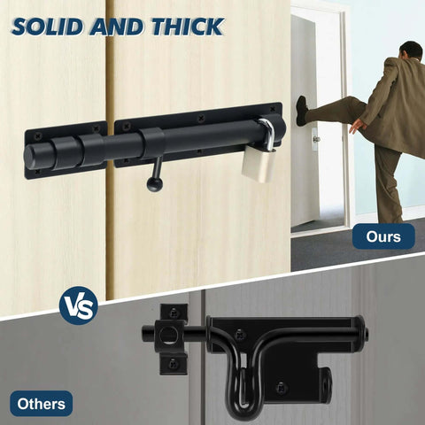 10 Inch Heavy Duty Slide Bolt Latch With SUS304 Stainless Steel Barrel Lock And Matte Black Finish installed on wooden door