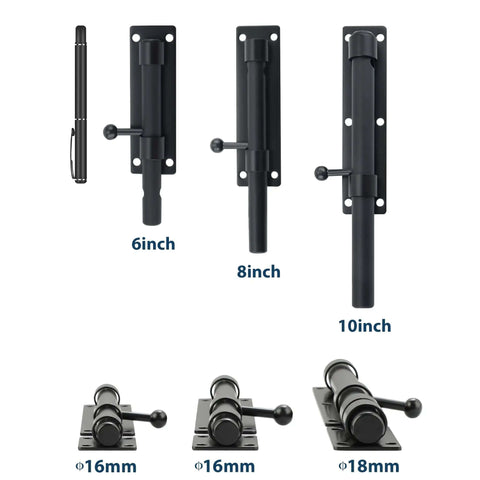 6, 8, 10 inch heavy duty slide bolt latches with SUS304 stainless steel and matte black finish for outdoor gate security.