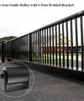 Two Pack Slide Gate Guide Roller Kit With Three Inch Hard Nylon Rollers And C Post Welded Bracket Heavy Duty Gate Rollers With Sealed Ball Bearing Side Roller Assembly For Durable Smooth Gate Operation, shown on a fence.