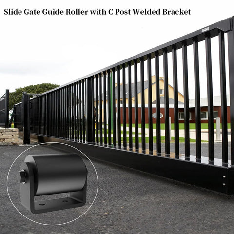 Two Pack Slide Gate Guide Roller Kit With Three Inch Hard Nylon Rollers And C Post Welded Bracket Heavy Duty Gate Rollers With Sealed Ball Bearing Side Roller Assembly For Durable Smooth Gate Operation, shown on a fence.