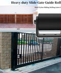 Two Pack Slide Gate Guide Roller Kit With Three Inch Hard Nylon Rollers And C Post Welded Bracket installed on a metal gate