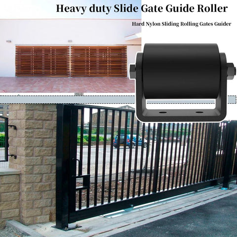 Two Pack Slide Gate Guide Roller Kit With Three Inch Hard Nylon Rollers And C Post Welded Bracket installed on a metal gate
