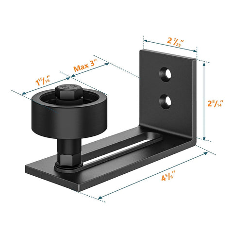 Heavy Duty Sliding Barn Door Floor Guide With Adjustable Rollers And Wall Mount System, Flush Bottom Design, shown with dimensions