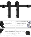 10 Foot Barn Door Hardware Kit For Single Sliding Door Heavy Duty Black Carbon Steel Track And J Shape Rail Includes All Necessary Hardware For Quick Smooth Installation For A 65 Inch Closet Panel No Door image featuring track, rollers, and mounting hardware with nylon wheels.
