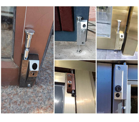 Black Sliding Door Lock Set Heavy Duty Alloy And Stainless Steel Construction 2 Pack With Keys And Installation Hardware For Patio Doors Enhanced Security Durable Build Versatile Design For Easy Mounting And Long Lasting Protection On Sliding Patio Doors shown in different installed views.