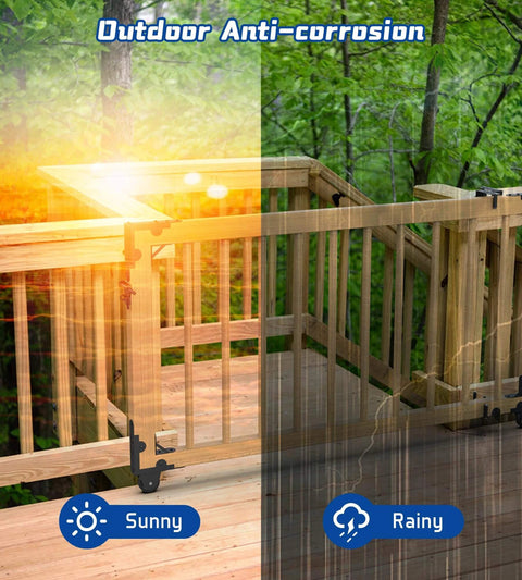 Heavy Duty Sliding Gate Kit with Latch and Manual Universal Hardware for Wooden Gates, installed outdoors under sunny and rainy conditions.