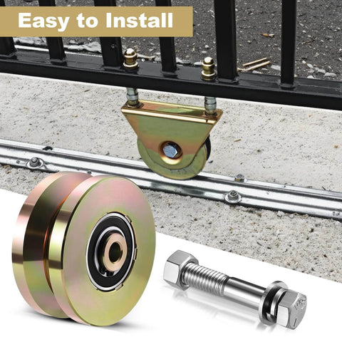 4" Heavy Duty Sliding Gate Rollers Wheels 2 Sets V Groove Slide Wheel Solid 4" Dia 1-3/4" Width Double Bearing 3000 Lbs Capacity with Screws