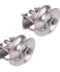 Sliding Gate Rollers Set With Five Inch Wheels For Two Inch Gate Frames And One And Five Eighths Inch Track Pipe Heavy Duty Malleable Iron Gate Hardware Two Pack With Double U Bolts Maintenance Free Durable And Smooth Operation, shown in silver.
