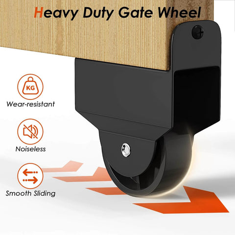 Heavy Duty Gate Wheel for Sliding Gate Hardware Kit with Wooden Panel, showing smooth sliding and wear-resistant features.