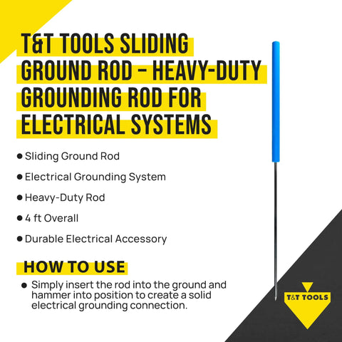 Image of T&T Tools heavy-duty sliding ground rod with instructions for electrical grounding systems, featuring a blue handle and steel rod.