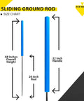 Heavy Duty Sliding Ground Rod With Handle For Outdoor Grounding Systems, durable one half inch steel rod, size chart display