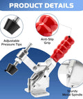 Close-up of a heavy duty smoker door latch clamp featuring red anti-slip grip, adjustable pressure tips, and metal spindle.