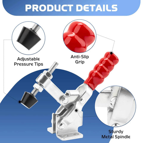 Close-up of a heavy duty smoker door latch clamp featuring red anti-slip grip, adjustable pressure tips, and metal spindle.