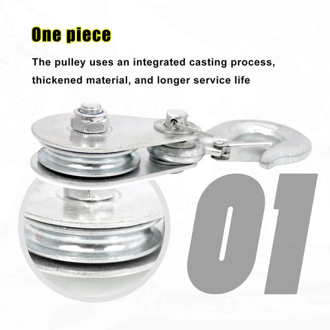 Pulley Hook (1Tons/2,200 LBS) Snatch Block with Hook close-up, showing dual steel wheels and zinc coating, side view, text overlayed