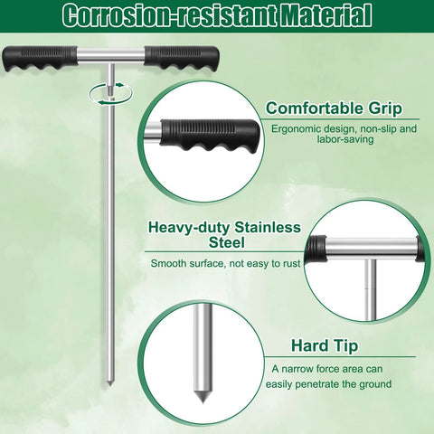 Heavy Duty Metal Soil Probe Rod 32 To 48 Inches With Adjustable Interlocking Sections And Insulated T Handle highlighting grip and tip
