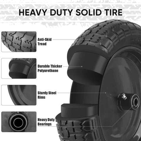 Heavy duty 4.80/4.00-8 flat free wheelbarrow tire with steel rim, anti-skid tread, solid polyurethane and heavy duty bearings