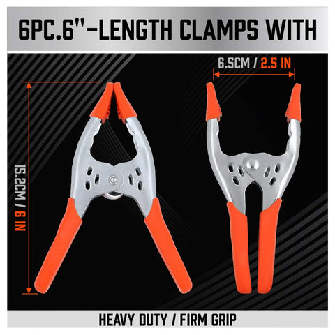 6 Piece 6 Inch Heavy Duty Spring Clamps with 2.5 Inch Jaw Opening, Durable Nickel Plated Steel Construction, Rust Resistant