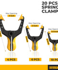 Heavy Duty Spring Clamps For Woodworking And Crafts 20 Pack Set with extra wide non-slip jaws, displaying 4, 6, and 10 pieces by EquipTZ.