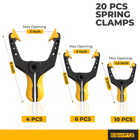 Heavy Duty Spring Clamps For Woodworking And Crafts 20 Pack Set with extra wide non-slip jaws, displaying 4, 6, and 10 pieces by EquipTZ.