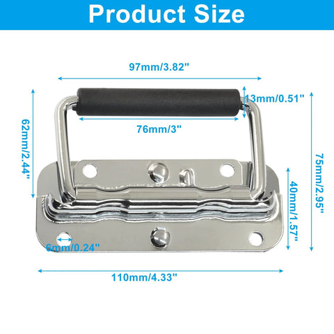 Two Pack 4.33 Inch Silver Spring Loaded Handles For Toolboxes Chest Cases And Storage Boxes showing dimensions and rubber grip