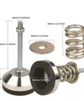 Heavy-Duty spring isolator with adjustable leveling feet and floor-standing base, 1.97 inch diameter, M8 threads, supports up to 1350 lb per kit, reduces vibration and stabilizes equipment on uneven floors. Side view highlighting components and measurements.
