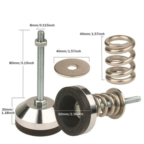 Heavy-Duty spring isolator with adjustable leveling feet and floor-standing base, 1.97 inch diameter, M8 threads, supports up to 1350 lb per kit, reduces vibration and stabilizes equipment on uneven floors. Side view highlighting components and measurements.