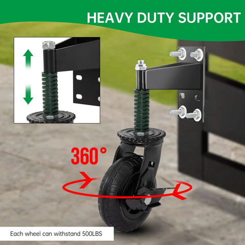 Two-Piece 6-Inch Heavy Duty Gate Wheels With Spring Loaded Caster Kit installed on gate showing 360-degree swivel