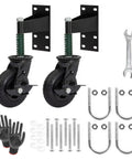Two-Piece 6-Inch Heavy Duty Gate Wheels With Spring Loaded Caster Kit, includes gloves, wrench, and mounting hardware.