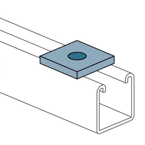 Heavy Duty Square Channel Washer For One And Five Eighths Inch Strut Channel With Three Eighths Inch Sixteen Tapped Hole Size One And Three Eighths By One And Half Inches Seven Thirty Seconds Inch Thick Low Carbon Steel Pack Of Twenty shown installed on strut channel