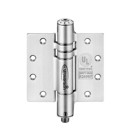 Front view of a UL certified three-pack of 4.5 inch heavy duty commercial self closing door hinge in stainless steel with satin brushed finish.
