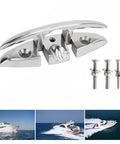 Stainless steel folding boat cleat with mounting screws, front view.