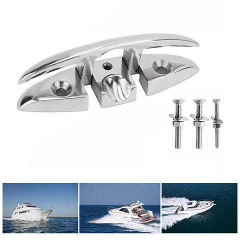Stainless steel folding boat cleat with mounting screws, front view.