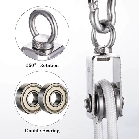 Close-up of Cable Pulley Block Heavy Duty Stainless Steel, Bearing Inside with 32ft Nylon Rope and 1 Hook,Swivel Single Pulley Wheel