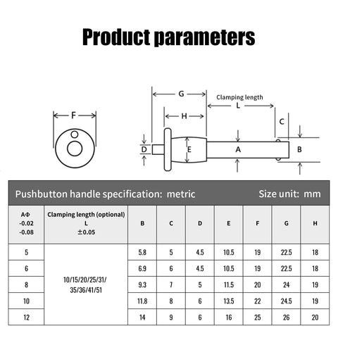 Diagram of Heavy Duty Stainless Quick Release Pin VXCICC with push button round handle, measurements in mm, clamping length details.